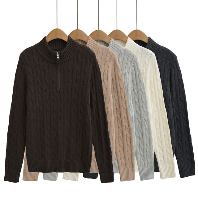 Ulark-Mock Neck Half Zip Cable Knit Plain Sweater