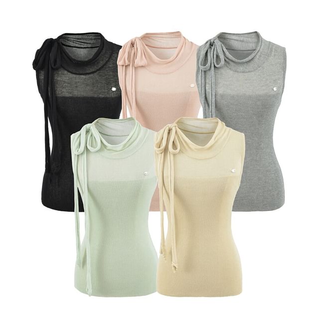 Ulark-Mock Neck Plain Sheer Panel Ribbed Knit Tank Top