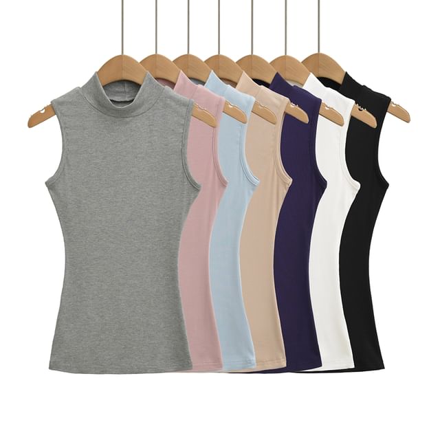 Ulark-Mock Neck Plain Slim Fit Tank Top