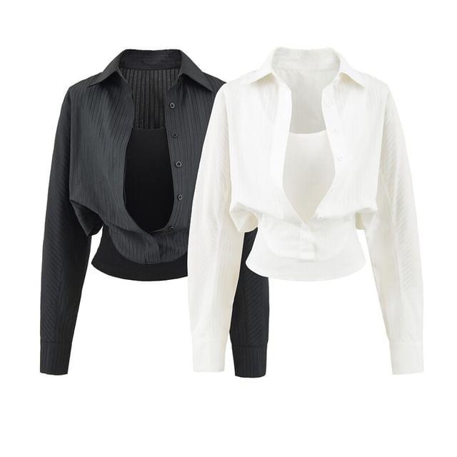 Ulark-Mock Two-Piece Collared Button-Up Plain Crop Shirt