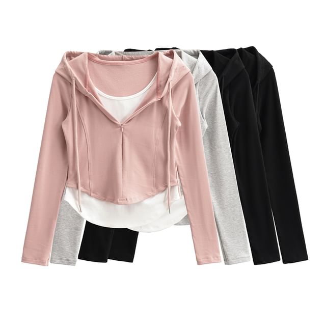 Ulark-Mock Two-Piece Drawstring Hooded Crop Slim Fit Tee