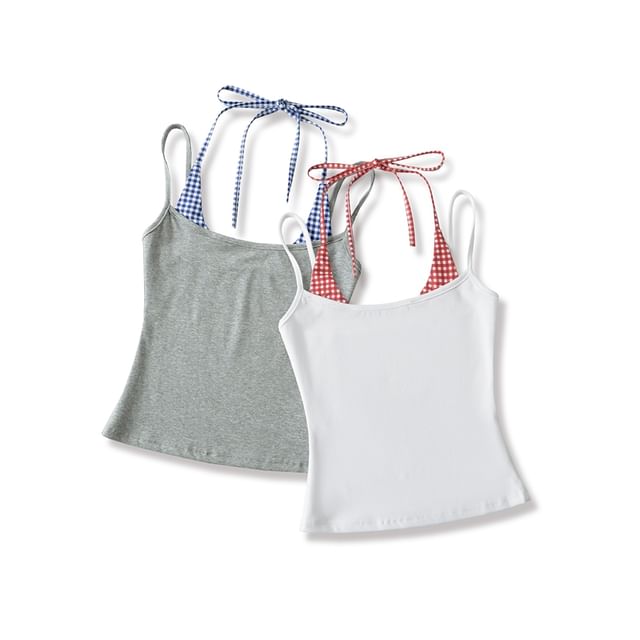 Ulark-Mock Two-Piece Halter Neck Gingham Panel Slim Fit Crop Top