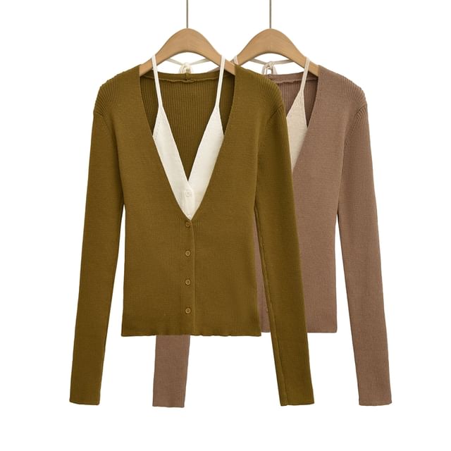 Ulark-Mock Two-Piece Halter V-Neck Two Tone Button-Up Cardigan