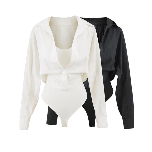 Ulark-Mock Two-Piece Long-Sleeve Collared Half-Buttoned Plain Bodysuit Top