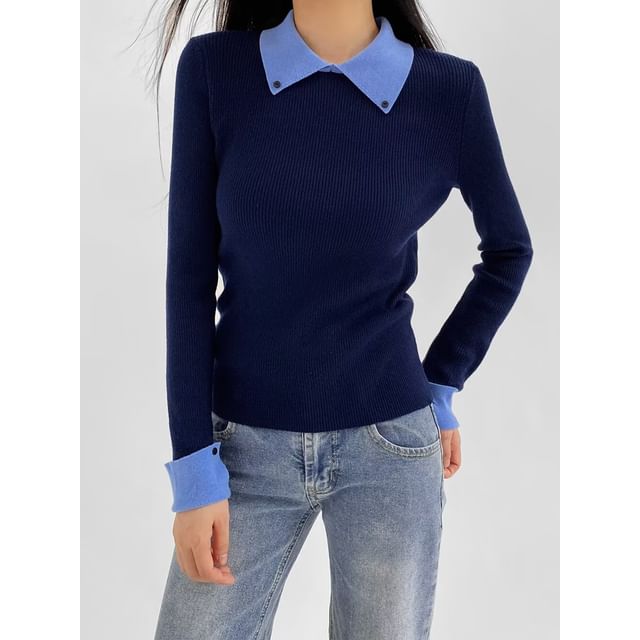 Ulark-Mock Two-Piece Long-Sleeve Collared Knit Top