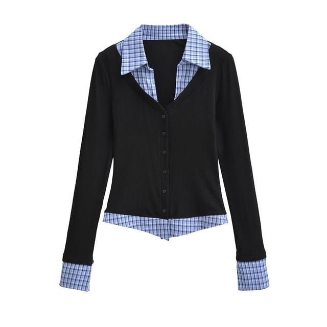 Ulark-Mock Two-Piece Long-Sleeve Collared Plaid Panel Top