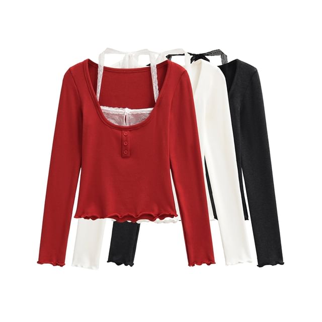 Ulark-Mock Two-Piece Long-Sleeve Halter Neck Crop Top
