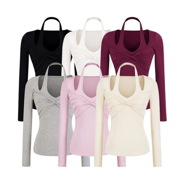 Ulark-Mock Two-Piece Long-Sleeve Halter Neck Plain Top