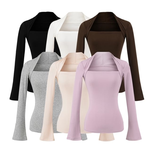 Ulark-Mock Two-Piece Long-Sleeve Square Neck Plain Slim Fit Tee