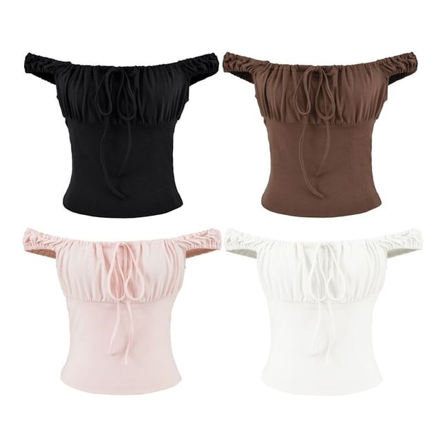 Ulark-Off Shoulder Cinched Plain Crop Top