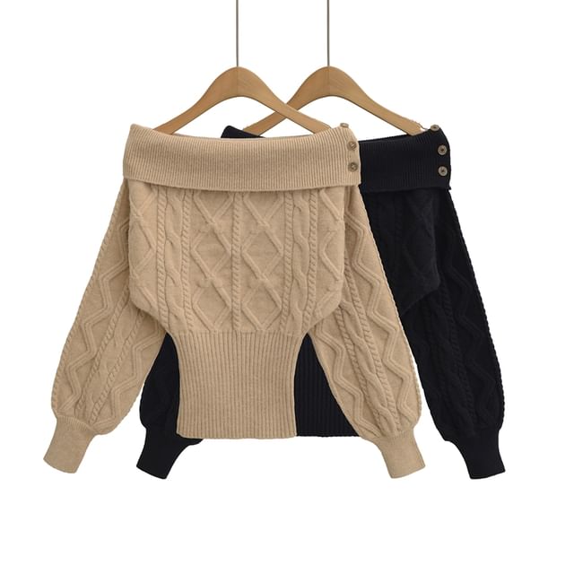 Ulark-Off Shoulder Plain Cable Knit Sweater