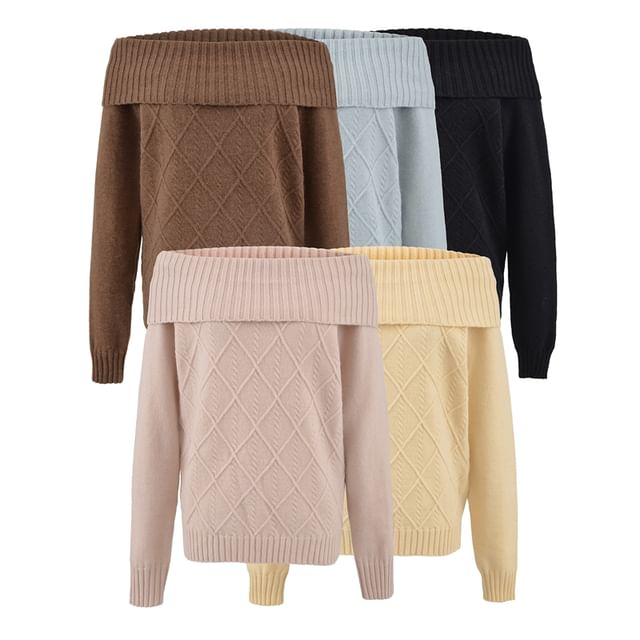 Ulark-Off Shoulder Plain Cable Knit Sweater