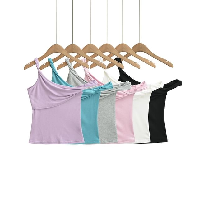 Ulark-One-Shoulder Plain Asymmetrical Tank Top