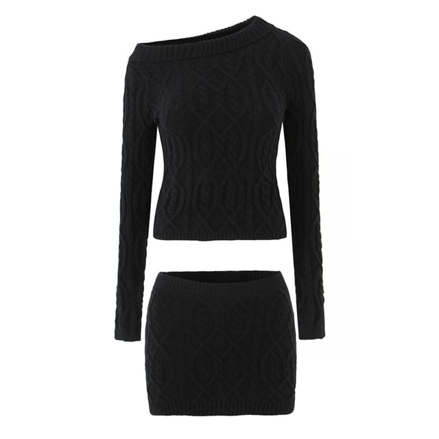 Ulark-One-Shoulder Plain Cable-Knit Sweater Mid Waist Mini Pencil Skirt