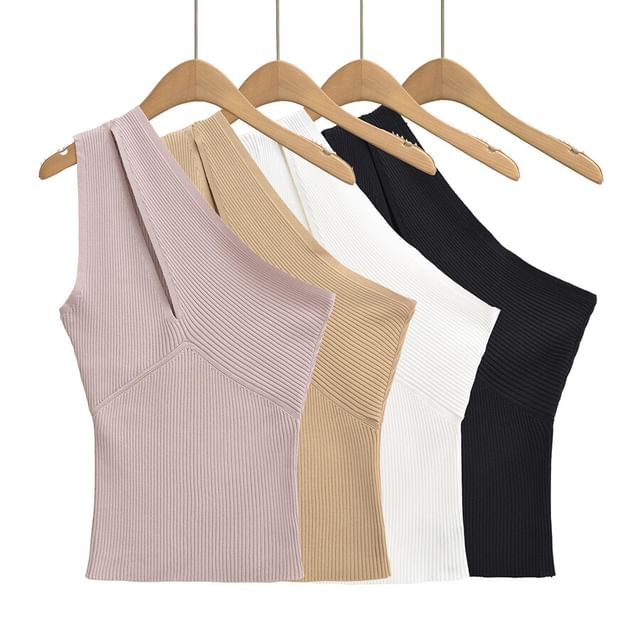 Ulark-One-Shoulder Plain Cutout Ribbed Knit Tank Top