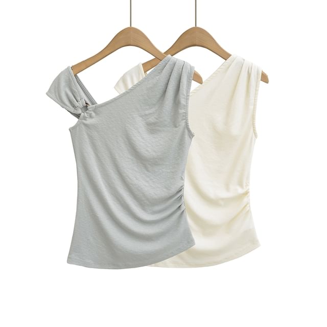 Ulark-Plain Asymmetrical Ruched Slim Fit Tank Top