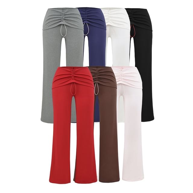 Ulark-Plain Drawstring Ruched Flared Pants
