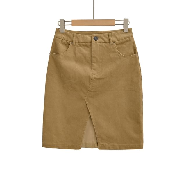 Ulark-Plain Slit Corduroy Pencil Skirt