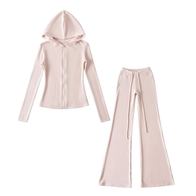 Ulark-Plain Zip Hoodie Drawstring Waist Flared Sweatpants