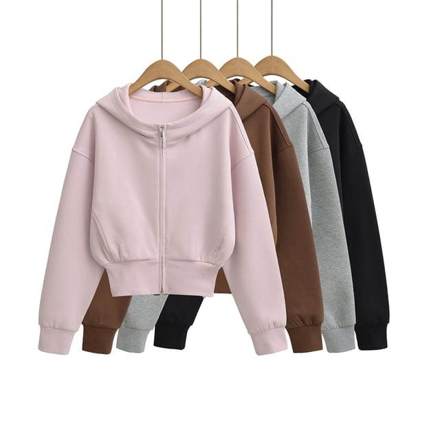 Ulark-Plain Zip-Up Crop Hoodie