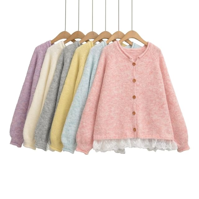 Ulark-Puff-Sleeve Plain Lace Trim Cardigan