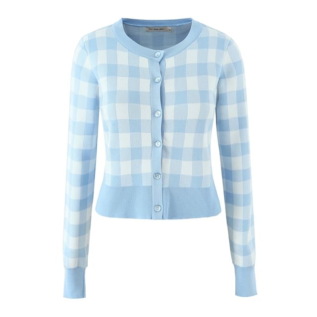 Ulark-Round Neck Plaid Cardigan