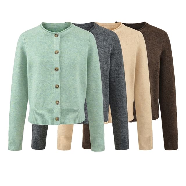 Ulark-Round Neck Plain Button Up Cardigan