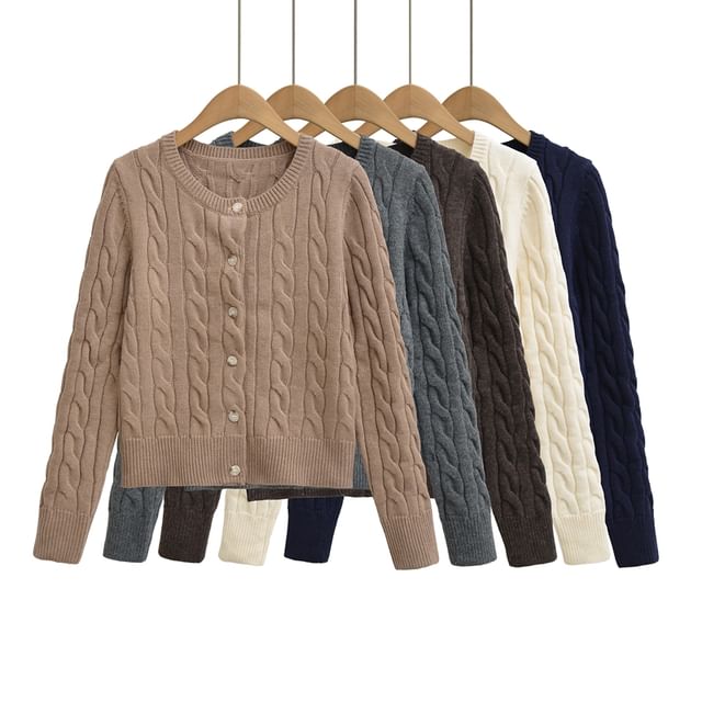 Ulark-Round Neck Plain Cable Knit Cardigan