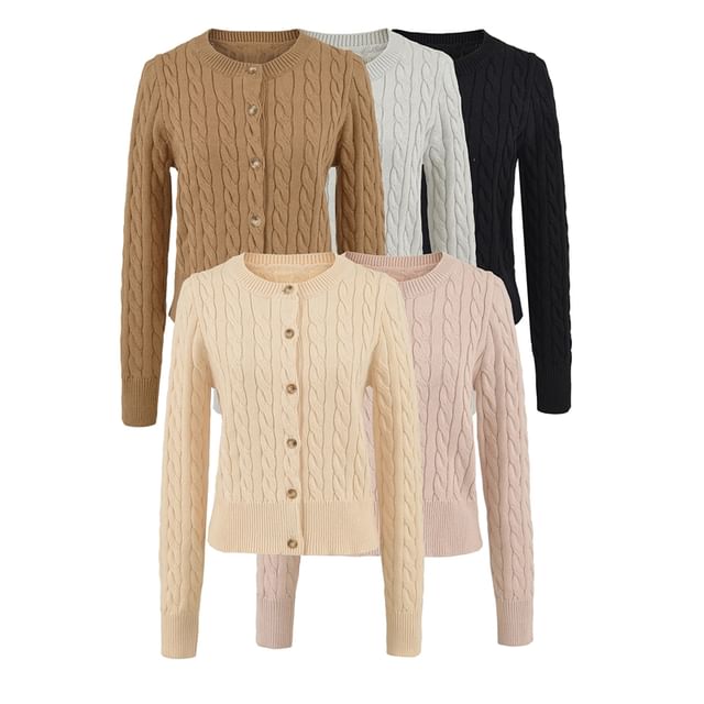 Ulark-Round Neck Plain Cable Knit Cardigan