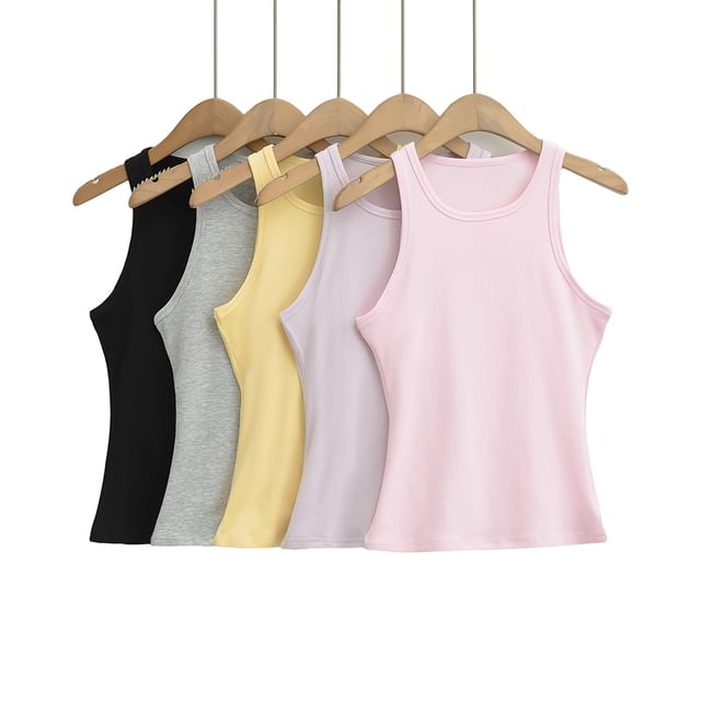 Ulark-Round Neck Plain Crop Tank Top