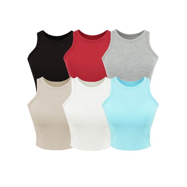 Ulark-Round Neck Plain Cropped Tank Top