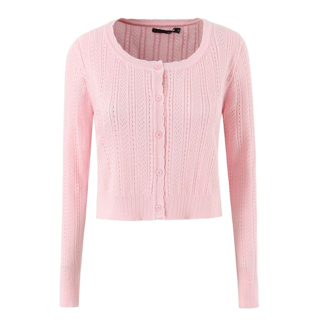 Ulark-Round Neck Plain Pointelle Knit Button Up Cardigan