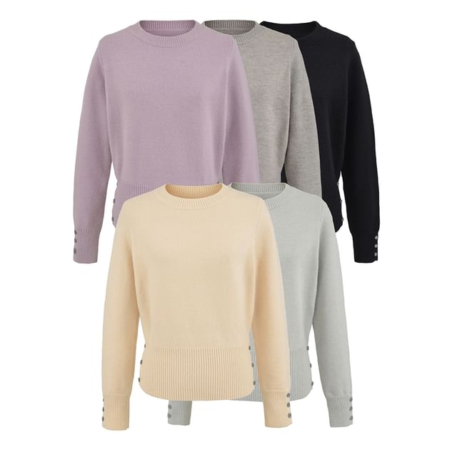 Ulark-Round Neck Plain Ribbed Knit Sweater