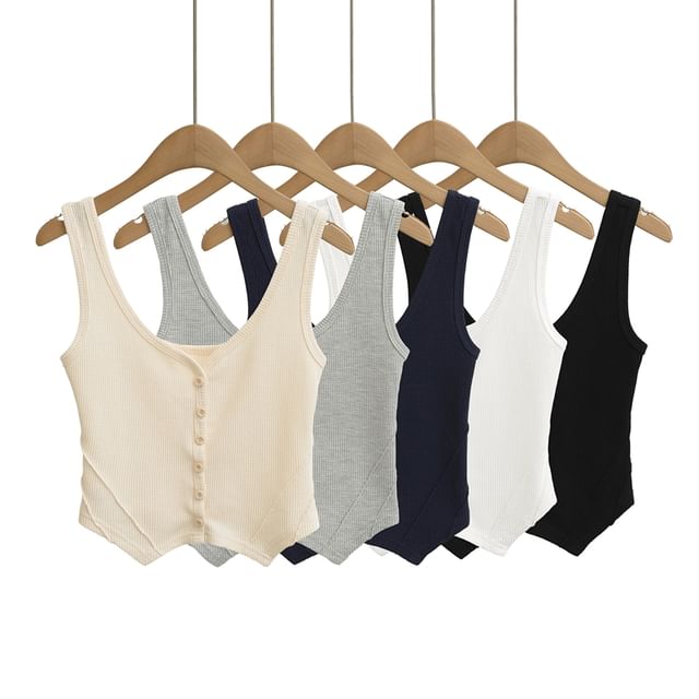 Ulark-Scoop Neck Button-Up Plain Waffle Crop Tank Top