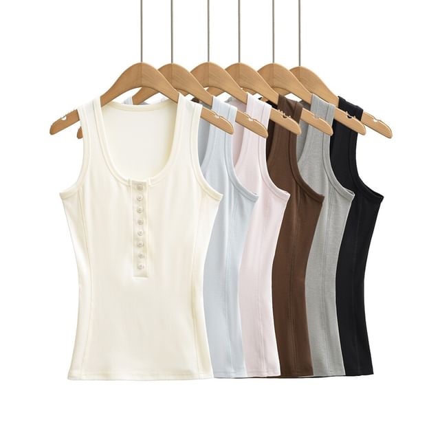 Ulark-Scoop Neck Half-Buttoned Plain Slim Fit Tank Top