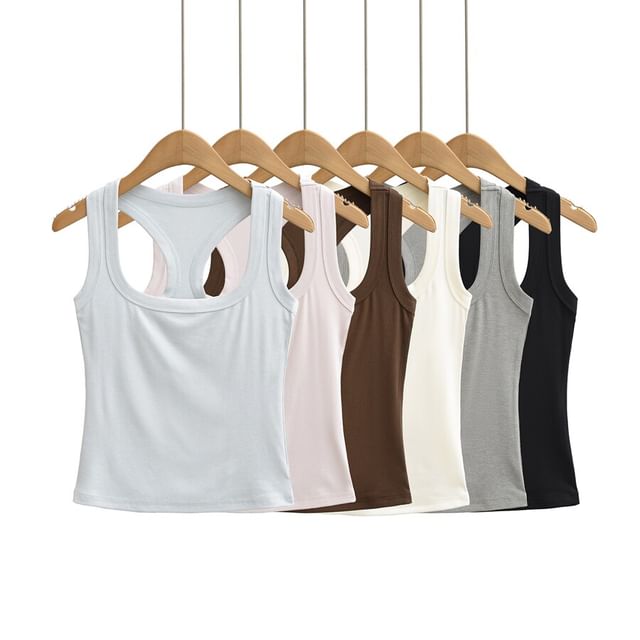Ulark-Scoop Neck Plain Racerback Crop Tank Top