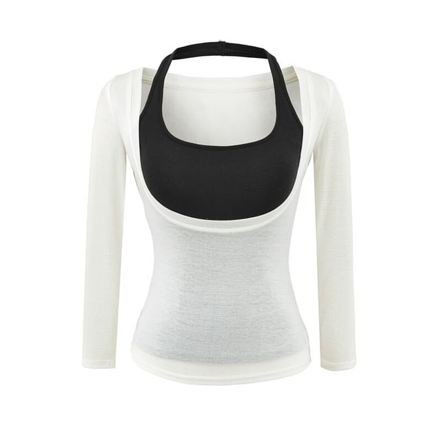 Ulark-Set Halter Neck Plain Top Long-Sleeve Scoop Neck Top