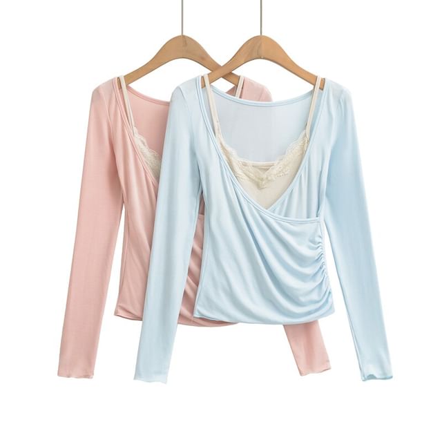 Ulark-Set Long Sleeve Deep Plunge Plain Ruched Wrap Top Plain Panel Lace Camisole Top
