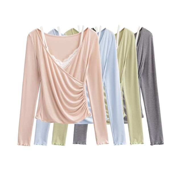 Ulark-Set Long-Sleeve V-Neck Plain Top Lace Cami Top