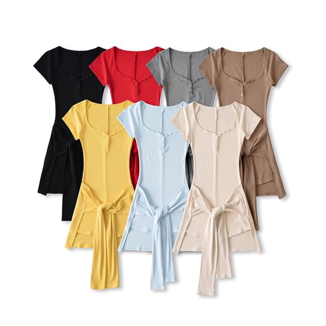 Ulark-Set Short-Sleeve V-Neck Plain Romper Decorative Hem