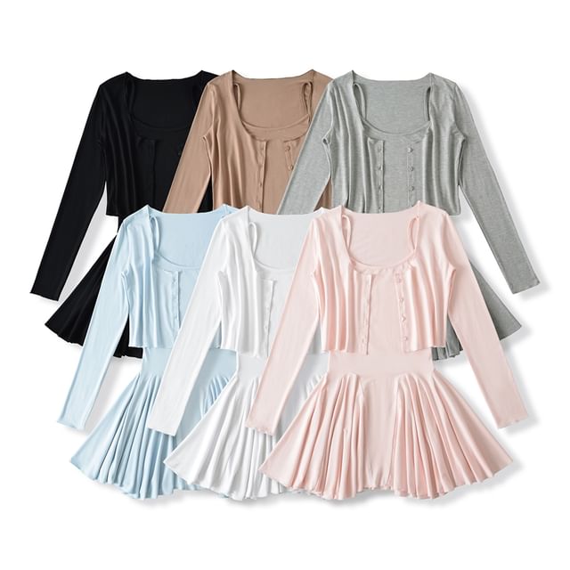 Ulark-Set Spaghetti Strap Scoop Neck Plain Mini A-Line Dress Plain Cardigan