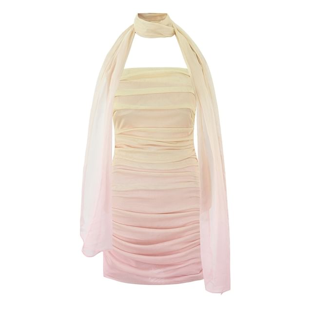 Ulark-Set Strapless Gradient Ruched Mini Bodycon Dress Scarf