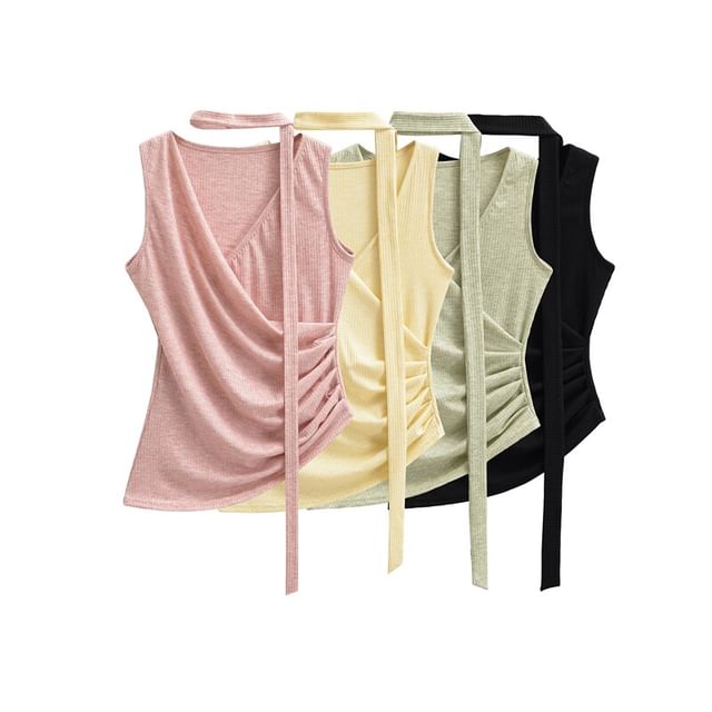 Ulark-Set V-Neck Asymmetrical Plain Tank Top Twilly