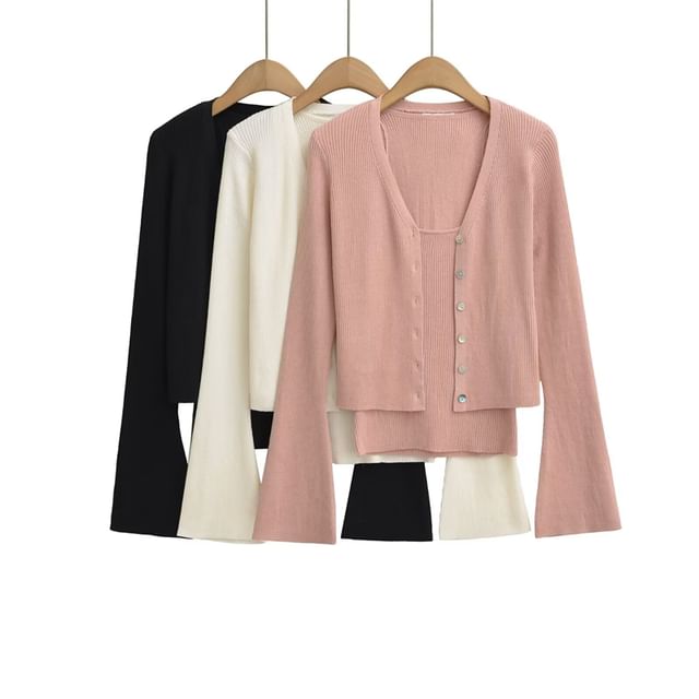 Ulark-Set V-Neck Button-Up Plain Crop Cardigan Cami Top