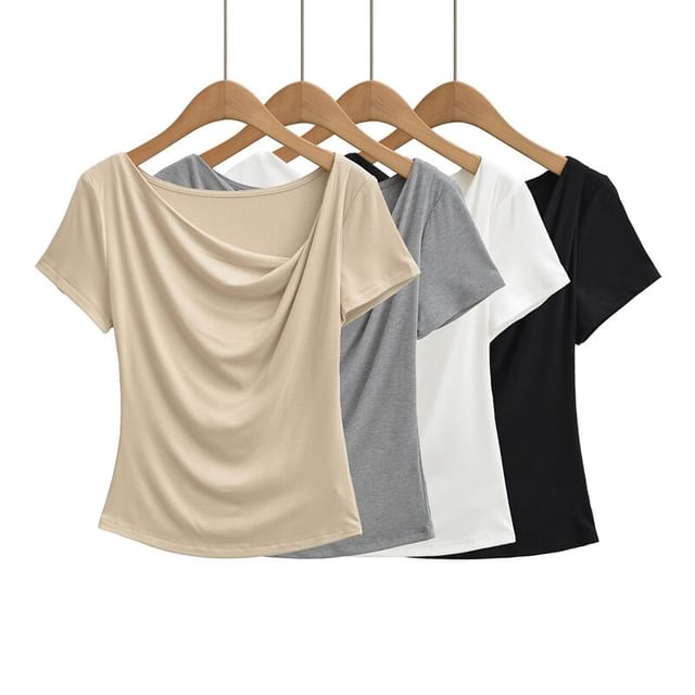 Ulark-Short-Sleeve Asymmetrical Draped Plain T-Shirt