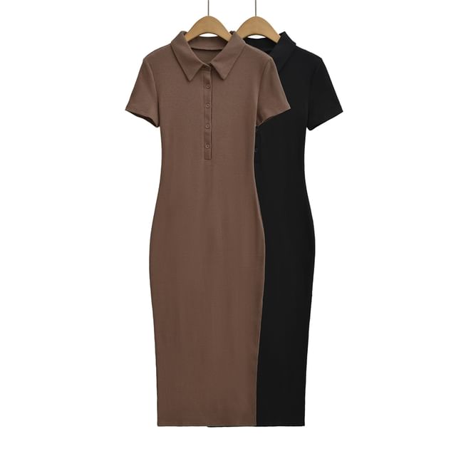 Ulark-Short-Sleeve Collar Plain Button Front Midi Sheath Dress