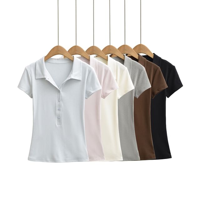 Ulark-Short-Sleeve Collared Half-Buttoned Plain Slim Fit T-Shirt