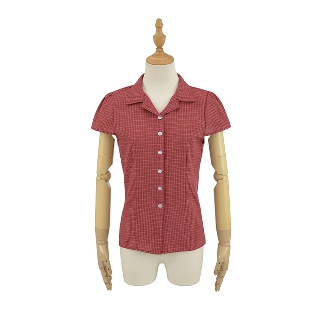 Ulark-Short-Sleeve Collared Plaid Button-Up Blouse