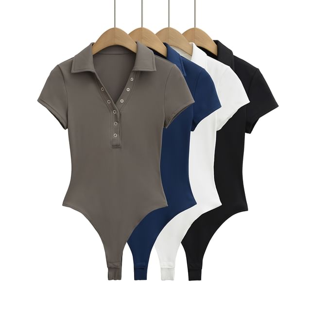 Ulark-Short Sleeve Collared Plain Bodysuit Top