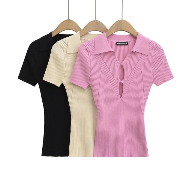 Ulark-Short Sleeve Collared Plain Keyhole Ribbed Knit Top